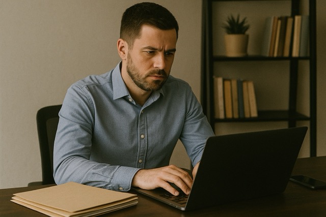 Spousebusters service background checks. Investigator reviewing background checks on a laptop at a desk with case notes, calm and professional.